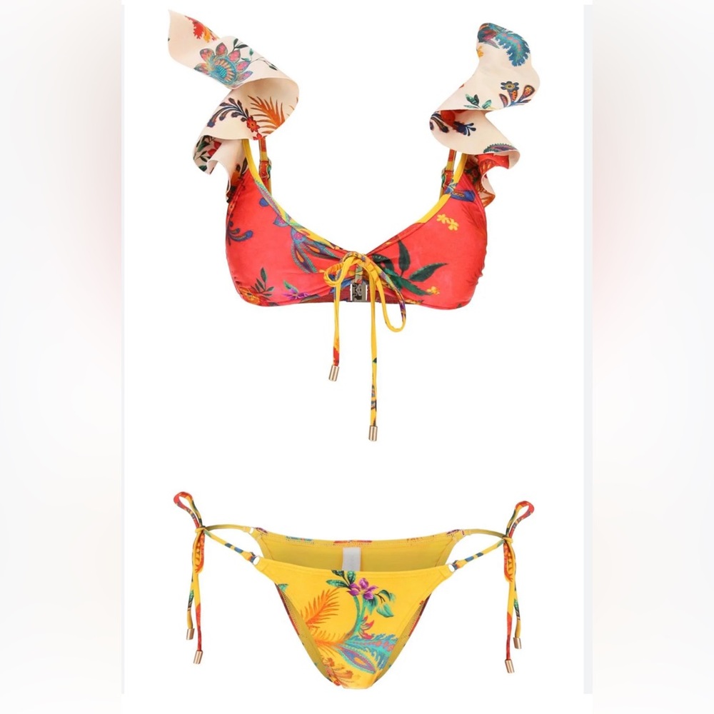 ZIMMERMANN Ginger Mixed Print Ruffle Shoulder bikini set Spliced,SZ 3,$390